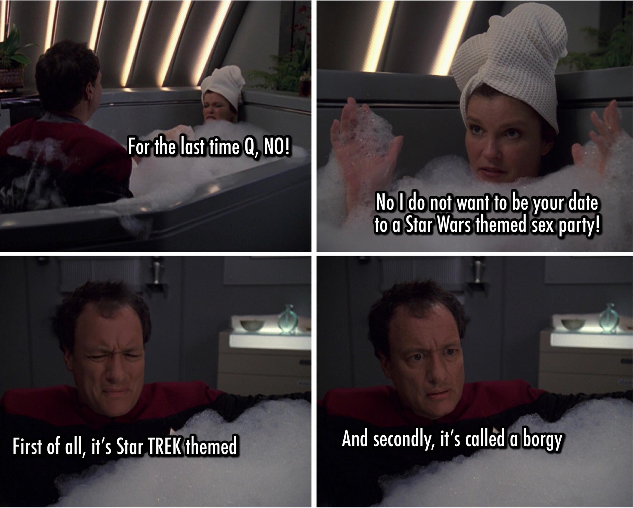 This meme is a screenshot from the Star Trek: The Next Generation episode "The Outcast," where Captain Jean-Luc Picard is in the shower and says "In 2-3 sentences, describe this meme for someone who cannot see it. In the image, Captain Picard is in the shower, and he says "In 2-3 sentences, describe this meme for someone who cannot see it. The text "In 2-3 sentences, describe this meme for someone who cannot see it" is a play on words, referencing the fact that the viewer cannot see the image.